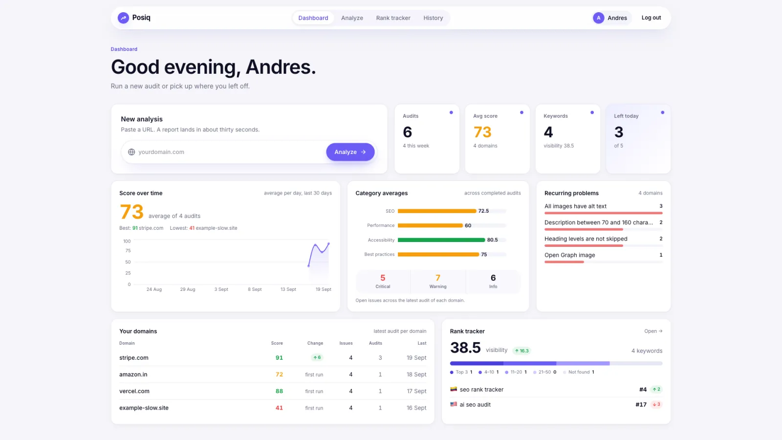 Dashboard with score trends and recurring problems