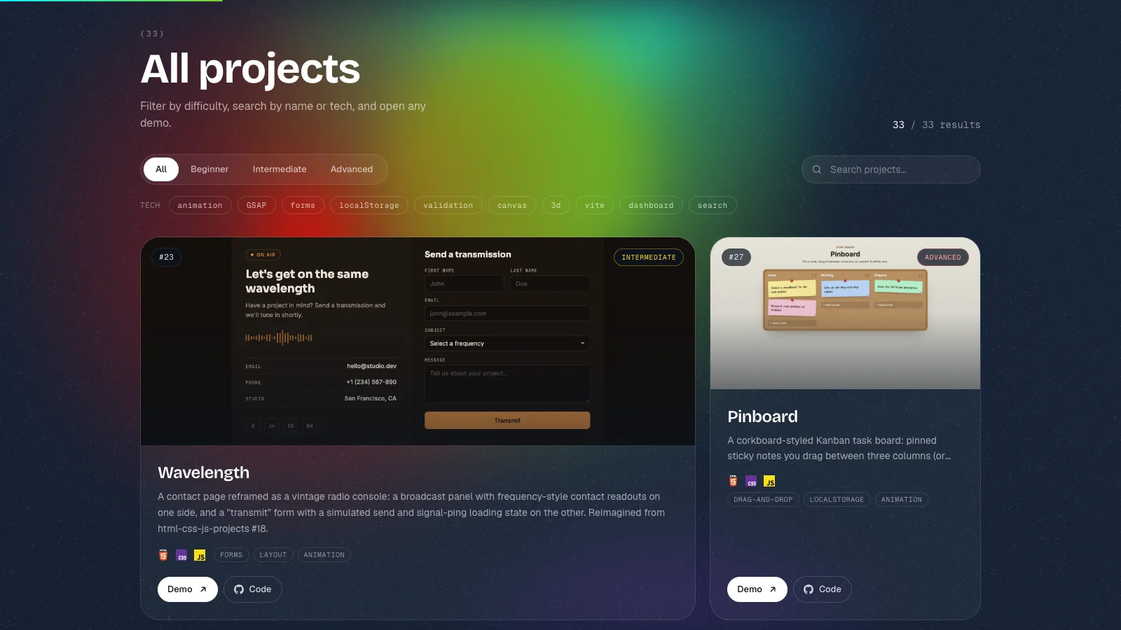 Project grid with difficulty and tech filters