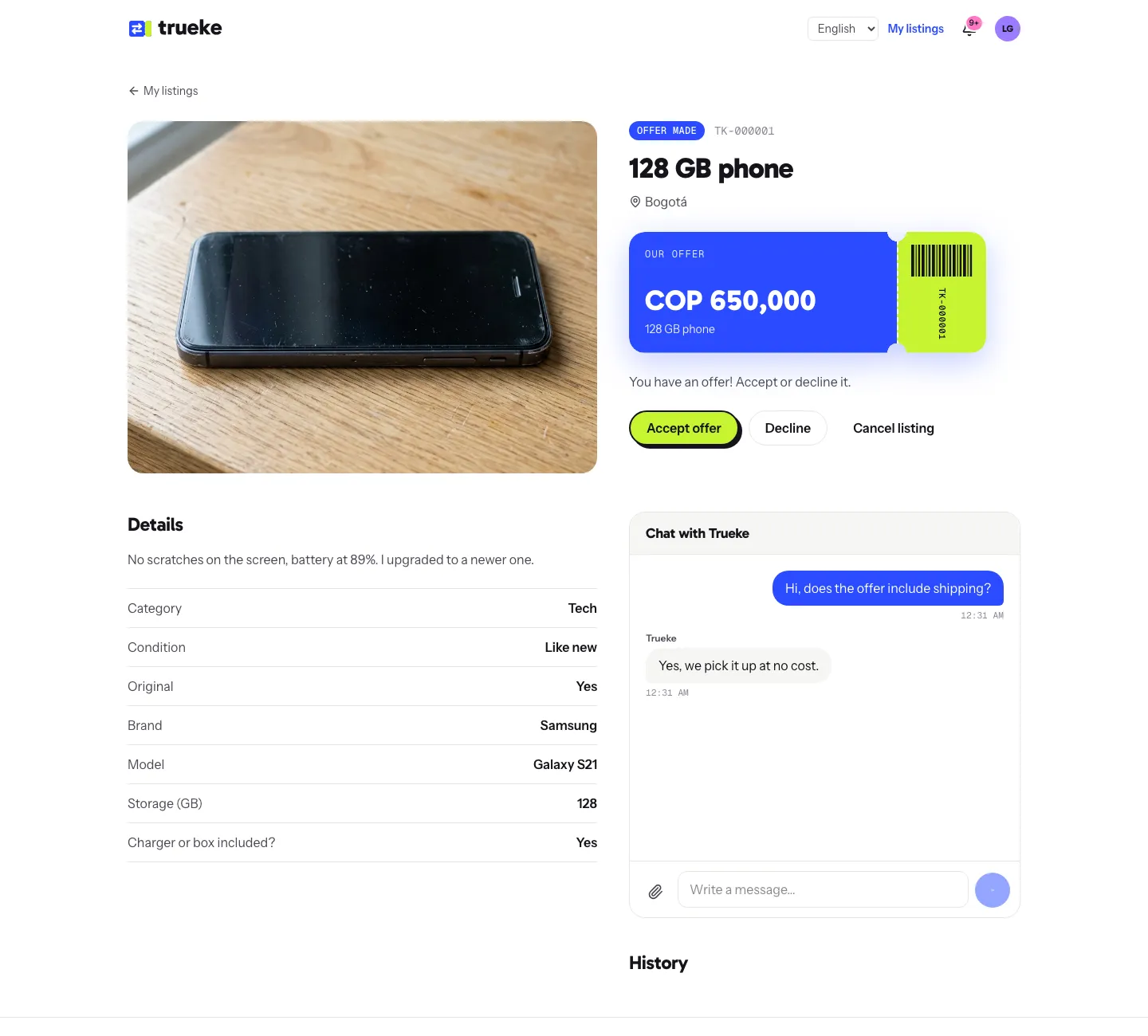 A listing with its offer and the chat