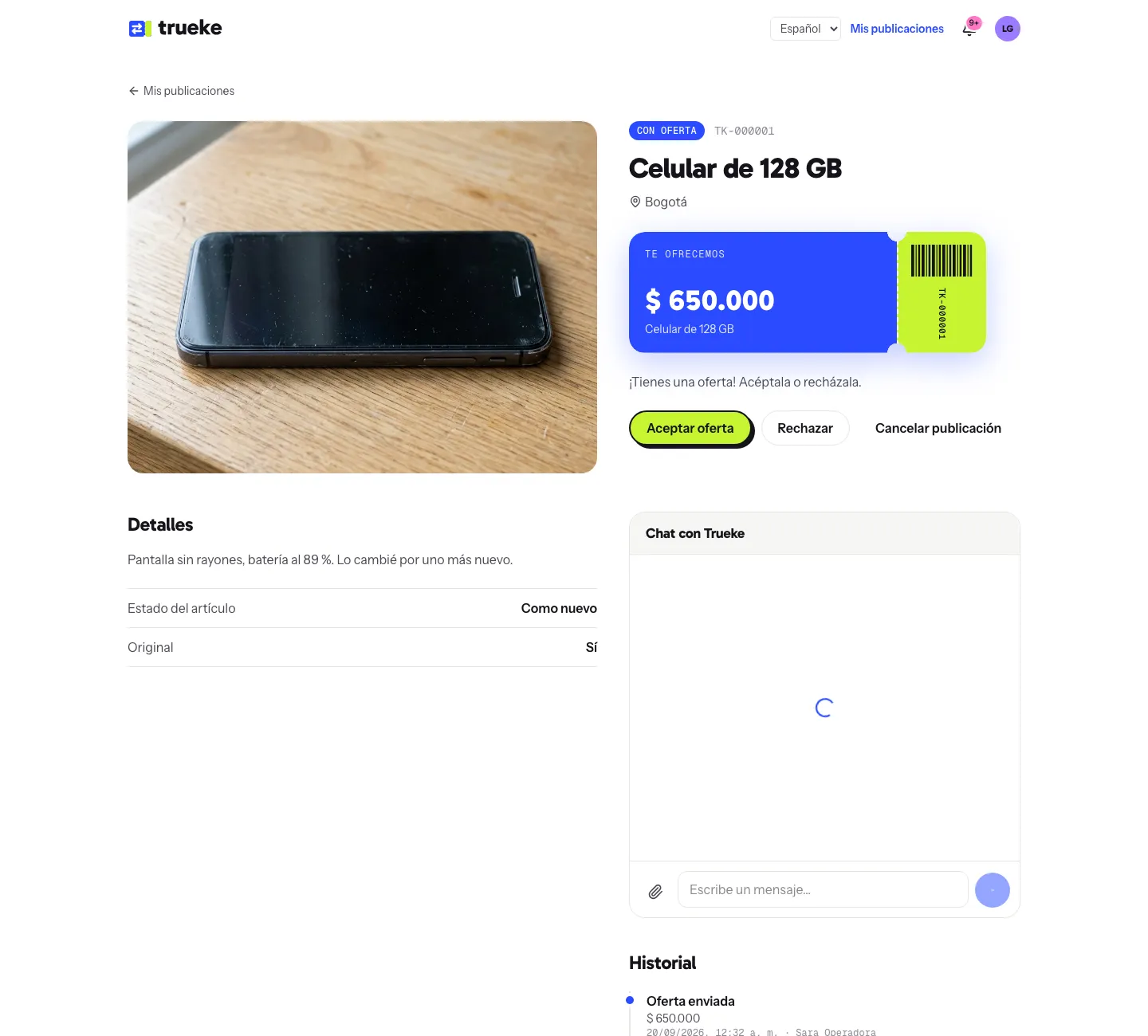Una publicación con su oferta y el chat