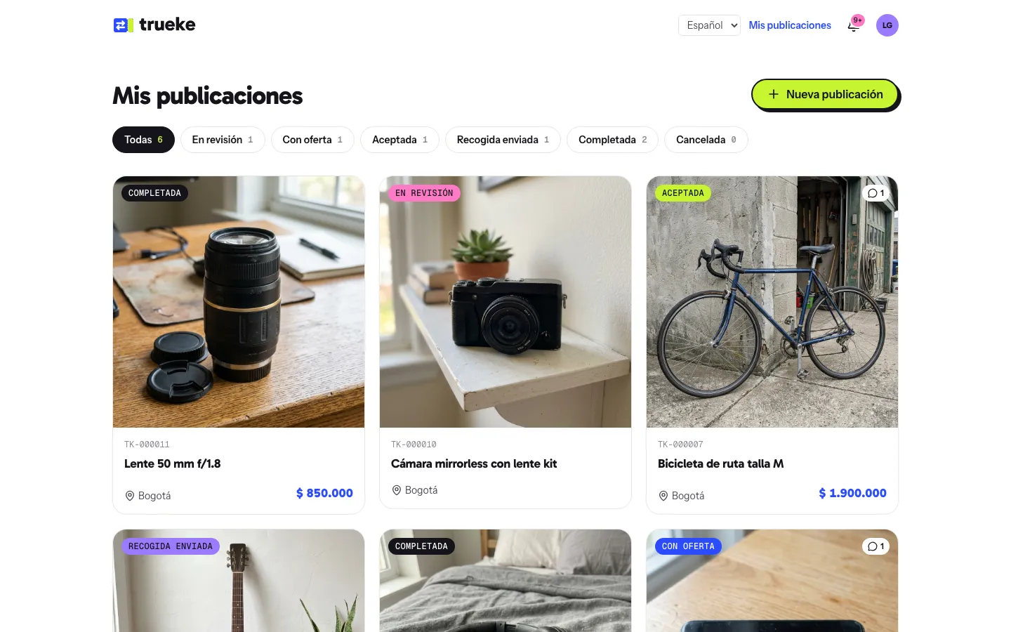 Las publicaciones del vendedor con su estado